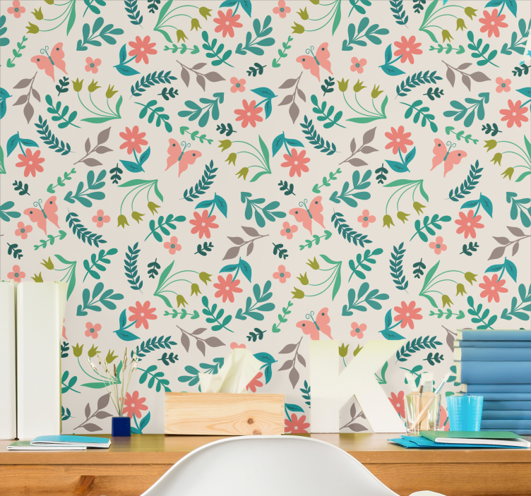 꽃이 있는 벽지 꽃과 나비 - TenStickers