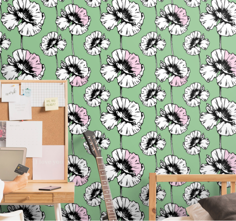 꽃이 있는 벽지 분홍색과 흰색 양귀비 - TenStickers