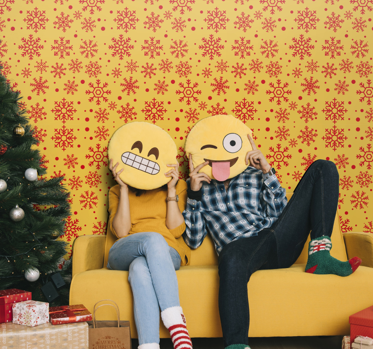 크리스마스 벽지 노란 배경의 빨간 눈송이 - TenStickers