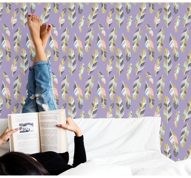 나뭇잎이 있는 벽지 깃털무늬 - TenStickers