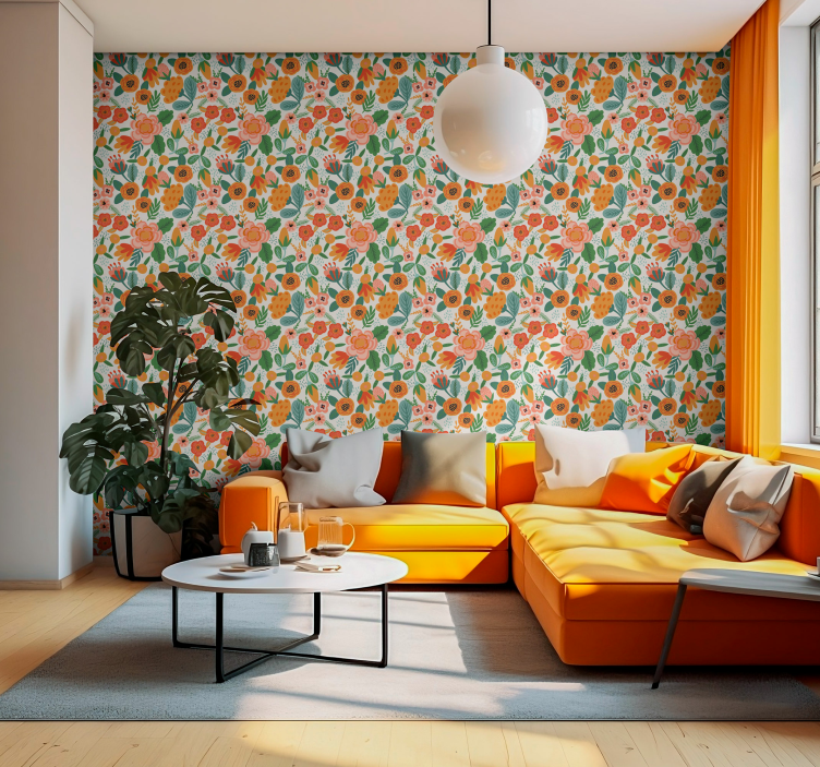 붉은 색과 오렌지색 민속 스타일의 꽃 벽지 - TenStickers