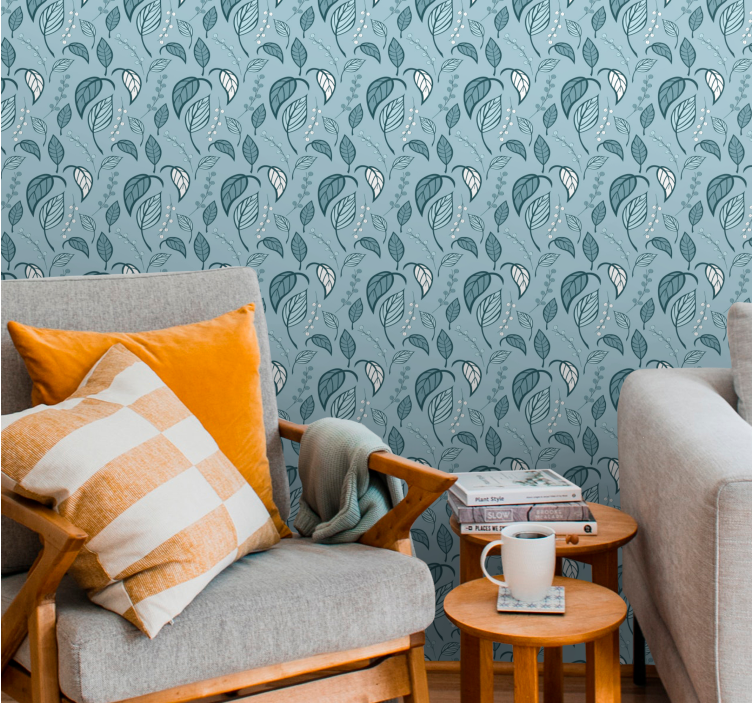 스칸디나비아 디자인 블루 리프 패턴 벽지 - TenStickers