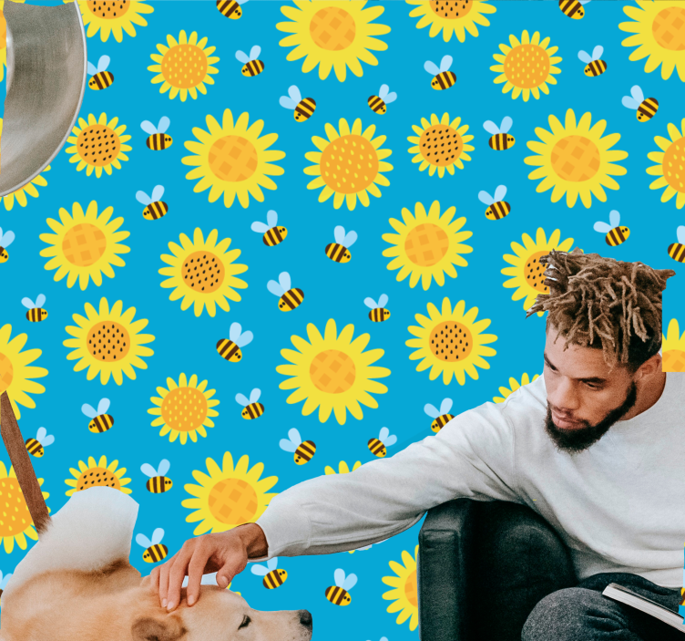 푸른 꽃 벽지에 해바라기와 꿀벌 - TenStickers