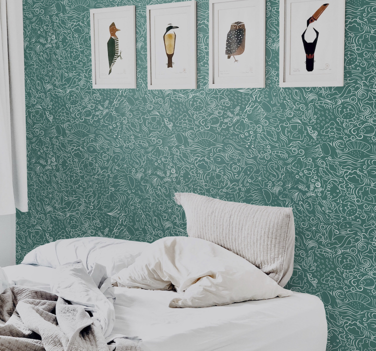 해저 손으로 그린 패턴 동물 벽지 - TenStickers