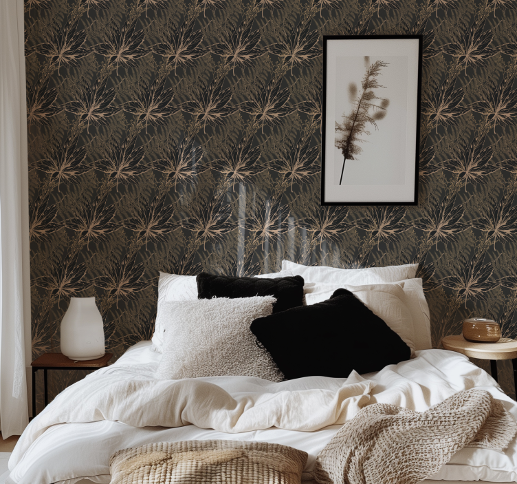 검은색 벽지 큰 황금 잎 - TenStickers