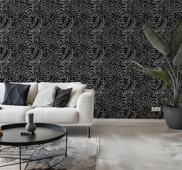 검은색 벽지 큰 잎 - TenStickers